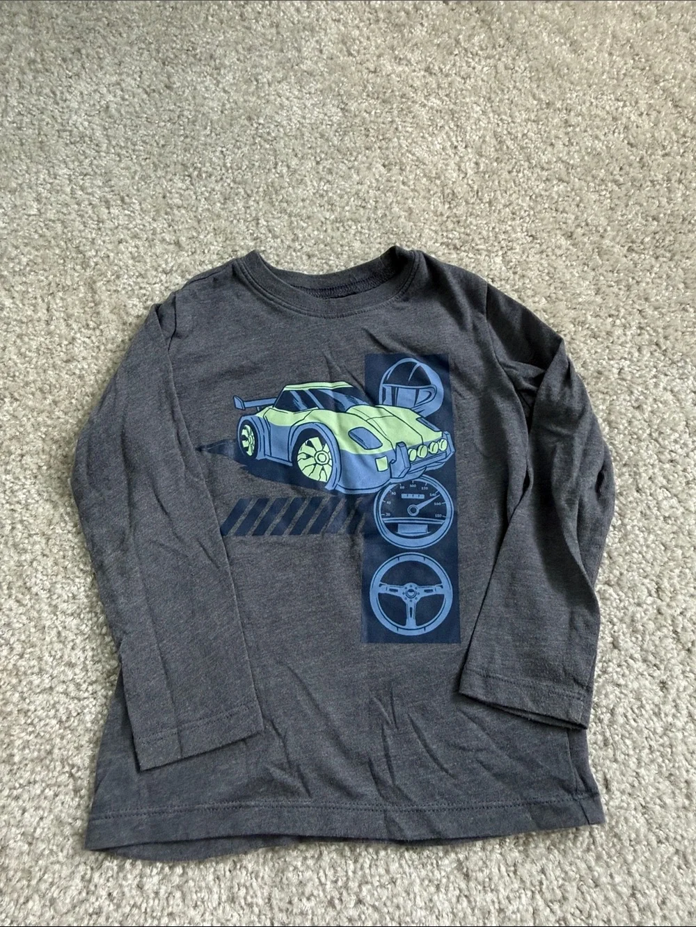 Carter's Gray Long Sleeve Tee with Neon Green & Blue Race Car Graphic